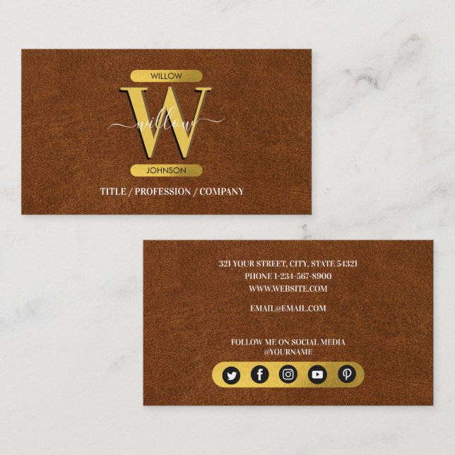 Imitate Leather & Gold Monogram Social Media Visitenkarte (Vorne/Hinten)