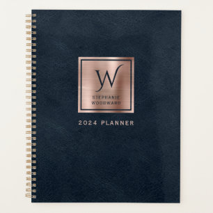 Imitate Leather Navy Blue Rose Gold Monogram 2024 Planer
