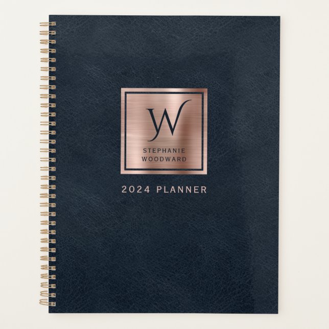 Imitate Leather Navy Blue Rose Gold Monogram 2024 Planer (Vorderseite)