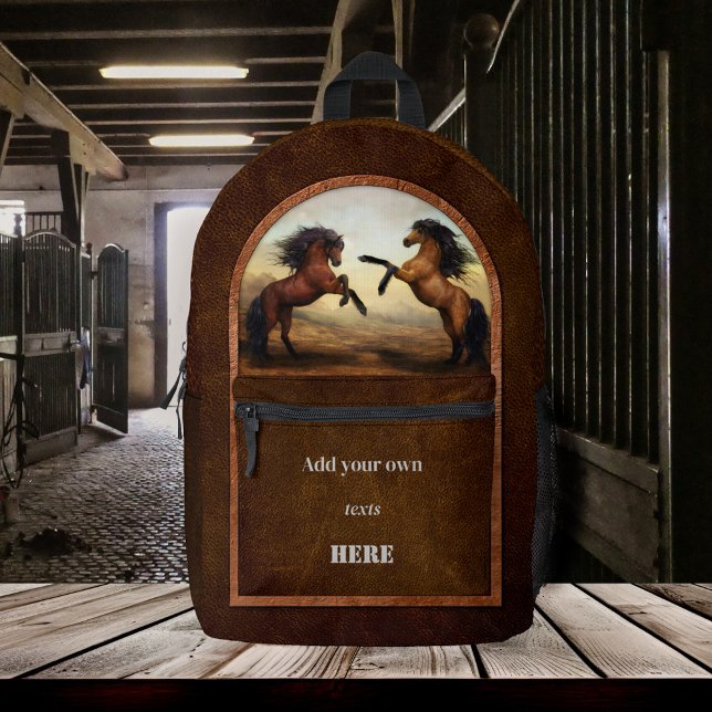 Imitate Leather Wilde Pferde Bedruckter Rucksack (Backpack featuring a painting of two wild horses on a brown faux leather design)