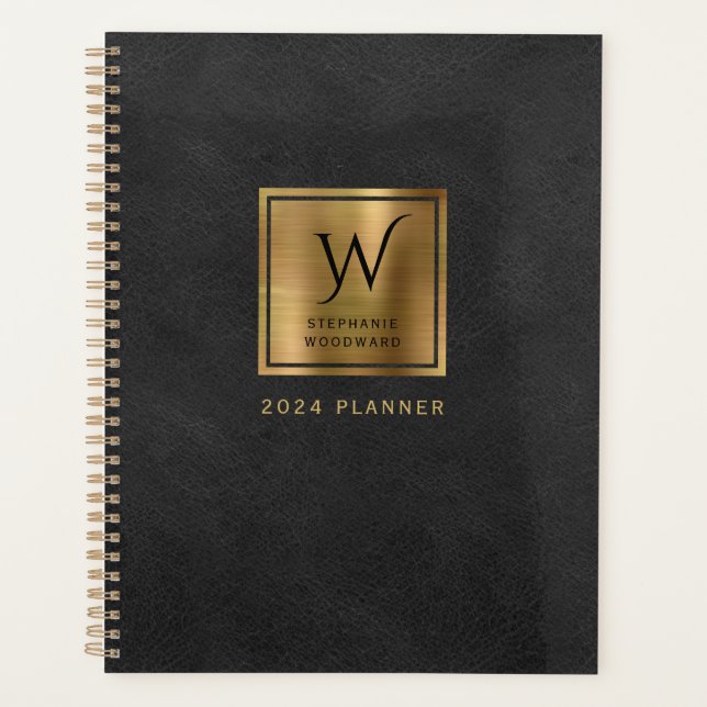 Imitate Leder Look Black Gold Monogram 2024 Planer (Vorderseite)