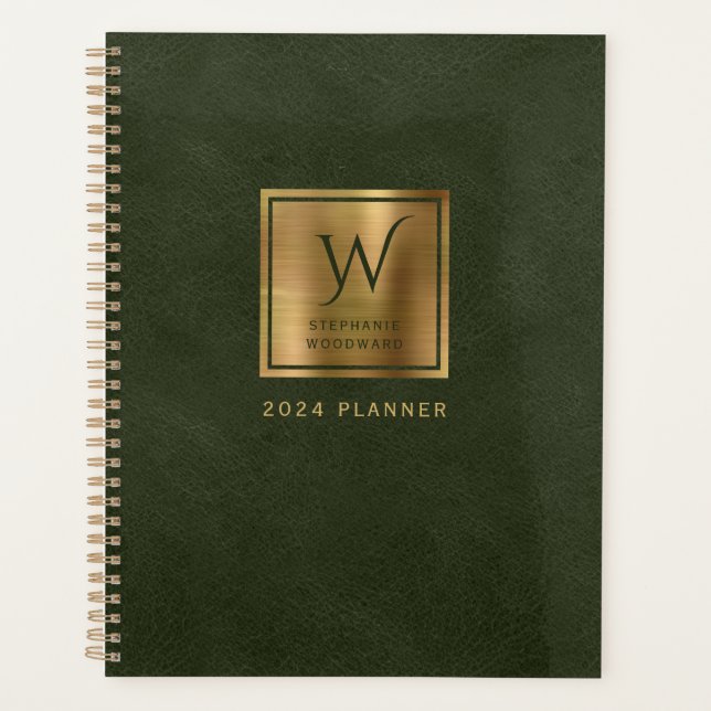 Imitate Leder Look Dunkelgrüne Gold Monogramm 2024 Planer (Vorderseite)