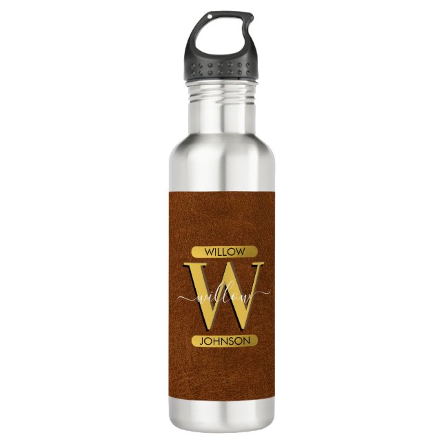 Imitate Leder und Gold Monogramm Edelstahlflasche (Vorderseite)