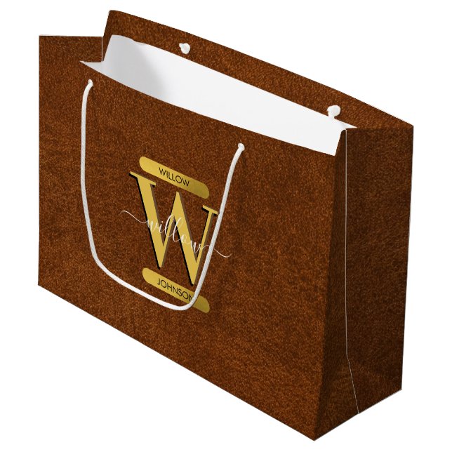 Imitate Leder und Gold Monogramm Große Geschenktüte (Vorderseite Schrägansicht)