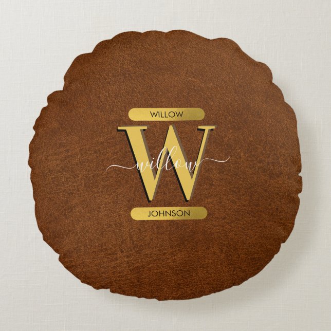 Imitate Leder und Gold Monogramm Rundes Kissen (Vorderseite)