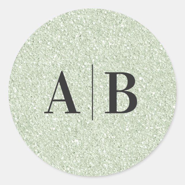 Imitate Light Sage Green Glitzer Wedding Monogram Runder Aufkleber (Vorderseite)
