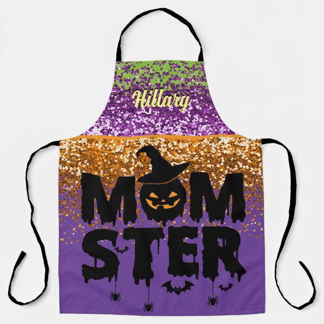 Imitate Lila Orange Glitzer Halloween Momster Schürze (Vorderseite)