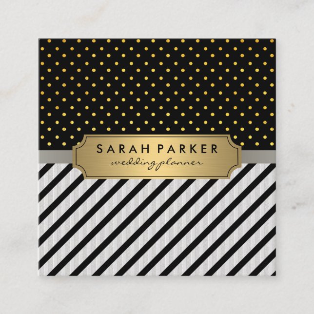 Imitate Linen Black Stripes Polka Dots Quadratische Visitenkarte (Vorderseite)