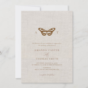 Imitate Linen Butterfly Monogram Chic Wedding Einladung
