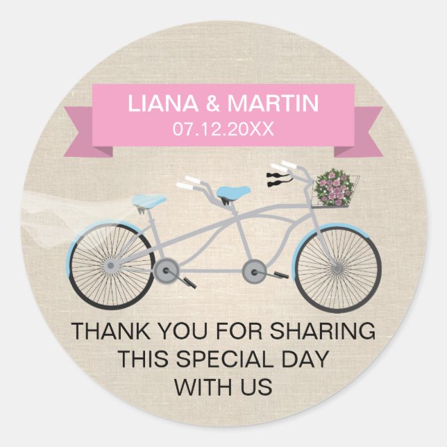 Imitate Linen Pink Tandem Radhochzeit Runder Aufkleber (Vorderseite)