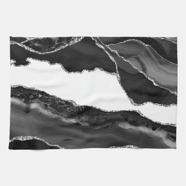 Imitate Marbella Agate Schwarz-weiß Trendy Modern  Geschirrtuch (Horizontal)