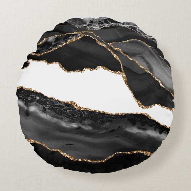 Imitate Marbled Agate Black Stylish Stone Luxury G Rundes Kissen (Vorderseite)