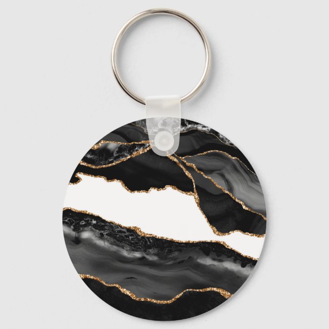 Imitate Marbled Agate Black Stylish Stone Luxury G Schlüsselanhänger (Vorderseite)