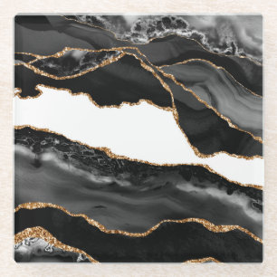 Imitate Marbled Agate Black Stylish Stone Luxury Glasuntersetzer