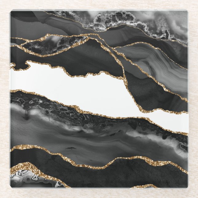 Imitate Marbled Agate Black Stylish Stone Luxury Glasuntersetzer (Vorderseite)