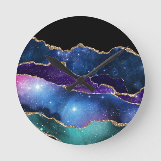 Imitate Marbled Agate Stone Galaxy Funkelnd Schluc Runde Wanduhr (Vorderseite)