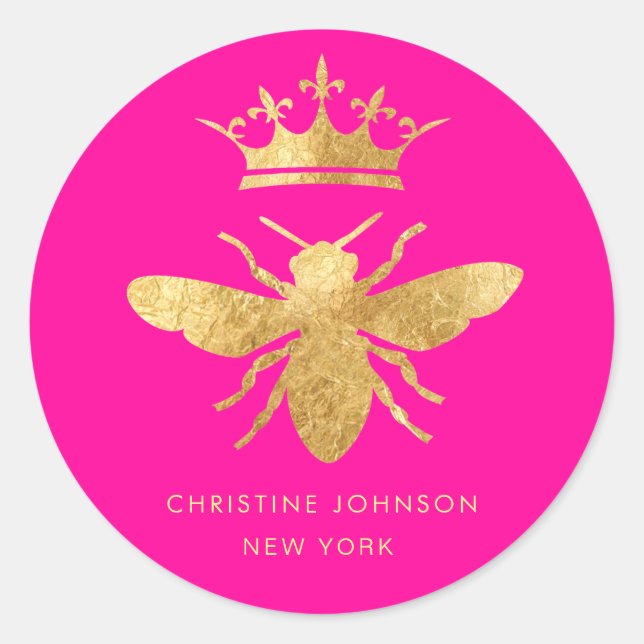 Imitate Metallische Wirkung Biene auf Neonrosa Runder Aufkleber (Vorderseite)