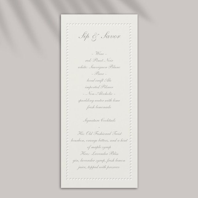 Imitate mit dem Bar Hochzeitsmenü für bestrichene  Menükarte (formal wedding bar menu traditional faux embossed beaded frame ecru eggshell elegant black tie)