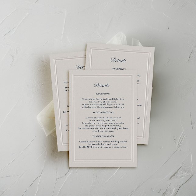 Imitate mit Doppelrahmen - Formale Hochzeitdetails Begleitkarte (coastal wedding details card faux embossed double frame modern classic elegant formal nautical)