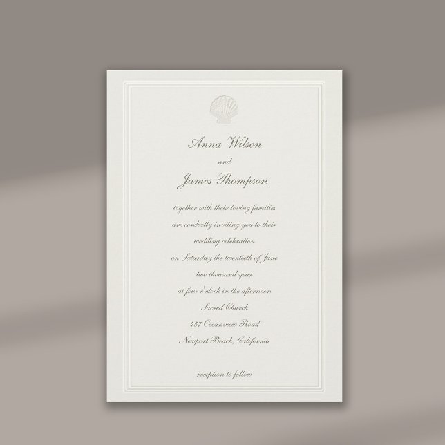 Imitate mit einprägtem Rahmen Seashell Ecru feierl Einladung (formal traditional wedding invitation nautical seashell beach ocean lakeside yacht faux embossed)