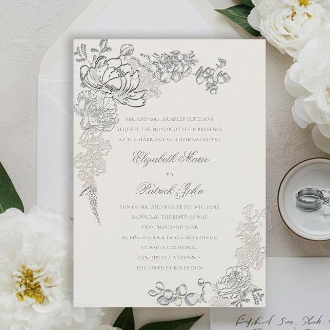 Imitate mit gehobenem Peonies gestalten formale Ec Einladung (peony wedding invitation floral frame formal traditional elegant calligraphy modern classic ecru)