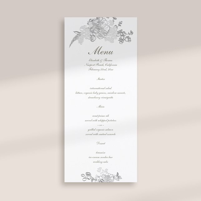 Imitate mit gehobener Peony Classic feierliche Elf Menükarte (formal traditional elegant calligraphy wedding menu card faux embossed peony ivory classic)