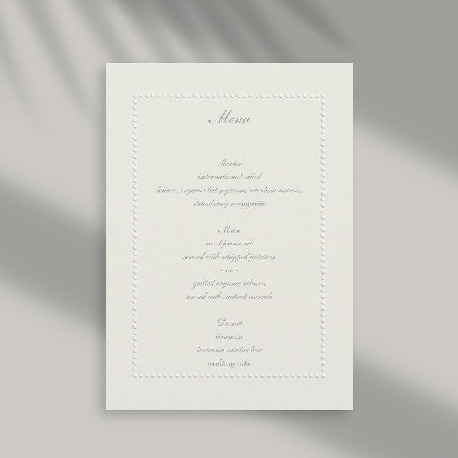 Imitate mit gepolstertem Rahmen Ecru Elegante Hoch Menükarte (formal wedding menu faux embossed beaded frame ecru linen classic traditional elegant)
