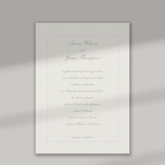 Imitate mit gepolstertem Rahmen Ecru feierliche Ho Einladung (formal wedding invitation faux embossed beaded frame classic traditional elegant black tie simple)