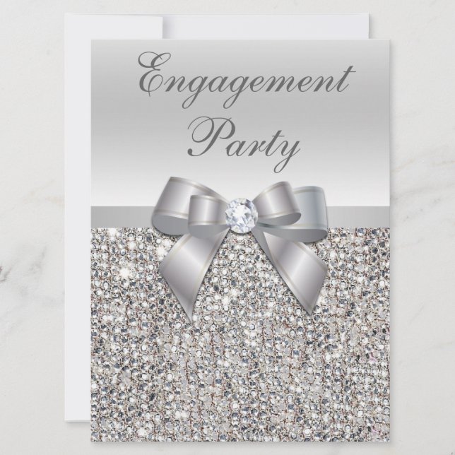 Imitate mit großer Engagement Silver Sequins Bow Einladung (Vorderseite)