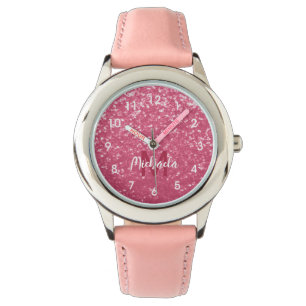 Imitate mit hellrosa Rose Glitzer Monogram Armbanduhr
