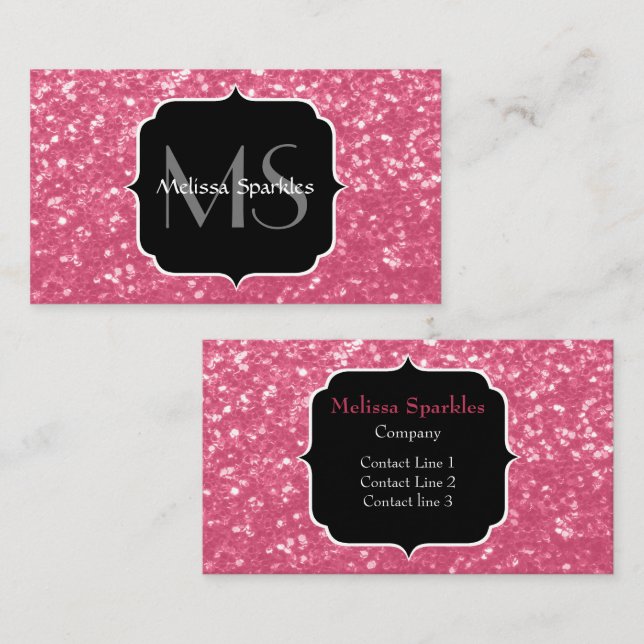 Imitate mit hellrosa Rose Glitzer Monogram Visitenkarte (Vorne/Hinten)