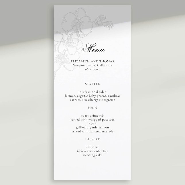 Imitate mit Orchideen Moderne klassische Hochzeit Menükarte (formal wedding menu card faux embossed orchid sketch modern classic typography calligraphy)