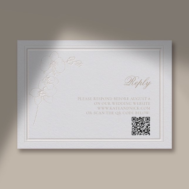 Imitate mit Orchideenrahmen Elfenbeinantwort Hochz Begleitkarte (traditional wedding response card qr rsvp reply orchid faux embossed elegant classic ivory)