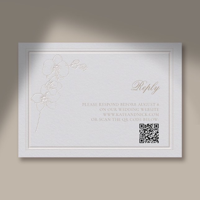Imitate mit Orchideenrahmen Elfenbeinantwort Hochz RSVP Karte (traditional wedding response card qr rsvp reply orchid faux embossed elegant classic)