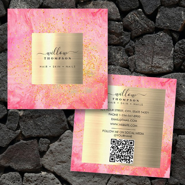 Imitate mit rosafarbenem Marmor Gold Glitzer QR Co Quadratische Visitenkarte (Watercolor Pink Marble Faux Gold Glitter QR Code Square Business Card)