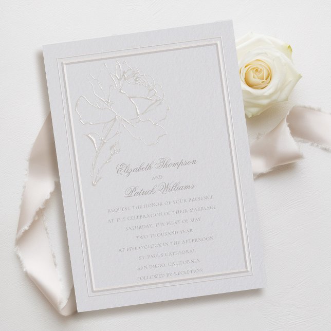 Imitate mit Rose-Rahmen Elfenbeinkühe Einladung (faux embossed rose double frame wedding invitation modern classic traditional formal ivory)