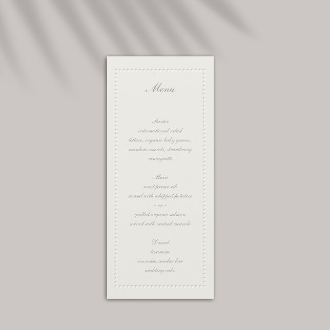 Imitate mit Schrägrahmen formales Hochzeitsmenü Menükarte (formal wedding menu traditional faux embossed beaded frame ecru eggshell elegant black tie)