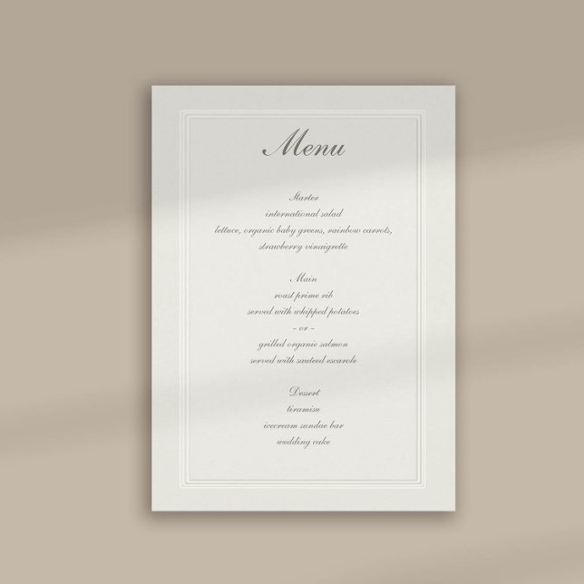 Imitate mit traditioneller Dreifach-Rahmen Hochzei Menükarte (formal traditional wedding menu card faux embossed cream ecru frame calligraphy modern classic)