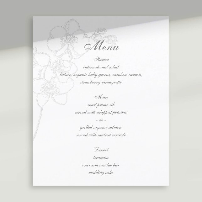 Imitate mit traditioneller Orchideenkarte (formal wedding menu faux embossed orchid floral modern classic traditional calligraphy)