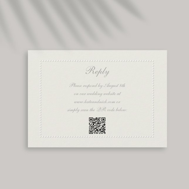 Imitate mit veredelten Rahmen Ecru Antwort Hochzei (formal wedding reply card qr code response faux embossed beaded frame ecru linen classic)