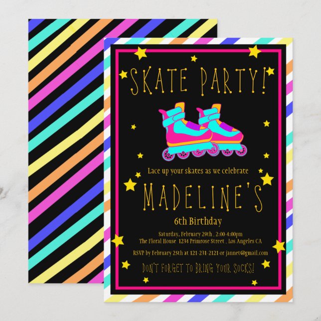 Imitate Neon Roller Skate Chalkboard Rainbow Gebur Einladung (Vorne/Hinten)