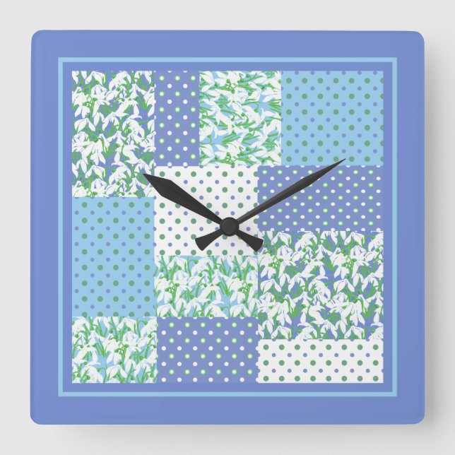 Imitate Patchwork Snowdrops Blue Green und Polkas Quadratische Wanduhr (Vorderseite)