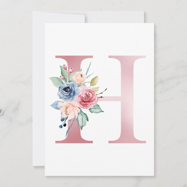 Imitate Rosa Folie Letter H Blush Floral Monogramm Einladung (Vorderseite)