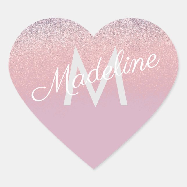 Imitate Rosa und Lila Funkelnd Glitzer Mit Monogra Herz-Aufkleber (Vorderseite)