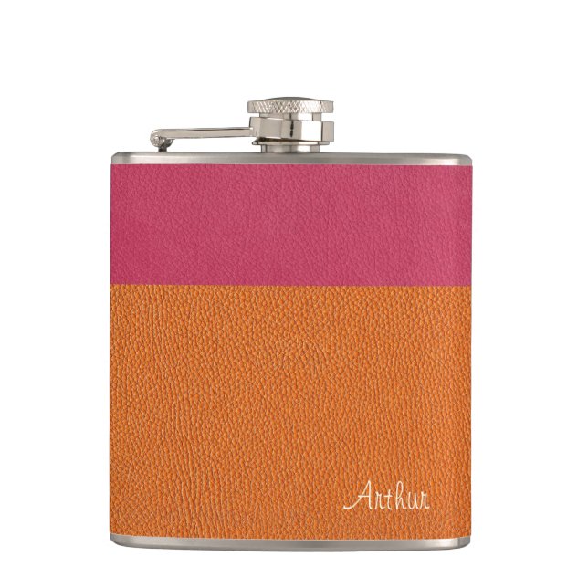 Imitate Rosa und orangefarbenes Leder Flachmann (Vorderseite)