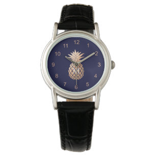 Imitate Rose Gold Ananas auf Navy Blue und Monogra Armbanduhr