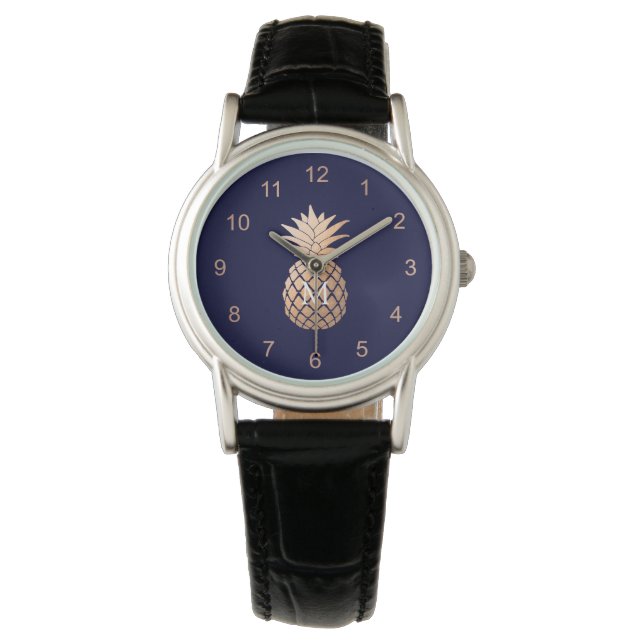 Imitate Rose Gold Ananas auf Navy Blue und Monogra Armbanduhr (Vorderseite)