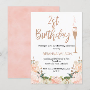 Imitate Rose Gold Floral 21. Geburtstag Einladung