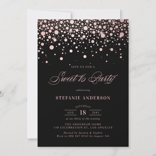 Imitate Rose Gold Foil Confetti Black Sweet 16 Par Einladung (Vorderseite)