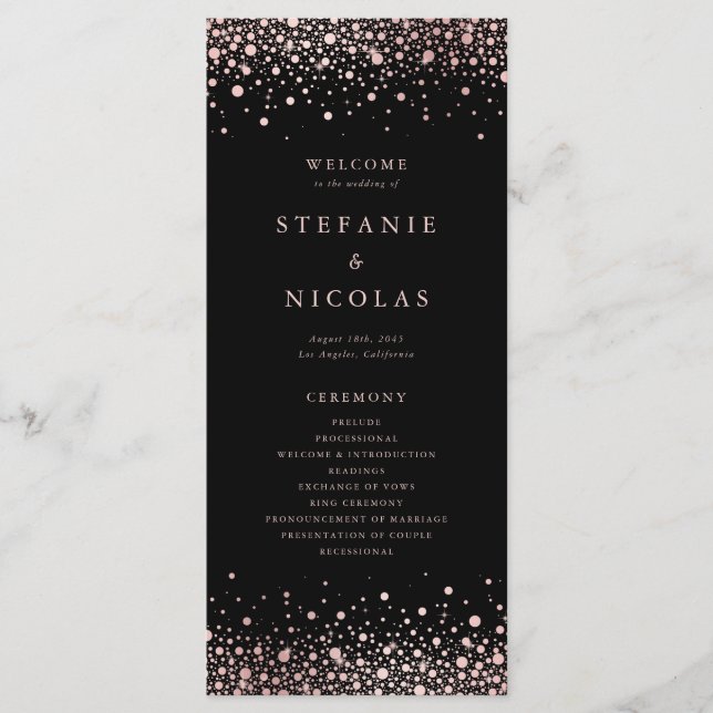 Imitate Rose Gold Foil Confetti Dots Black Wedding Programm (Vorderseite)